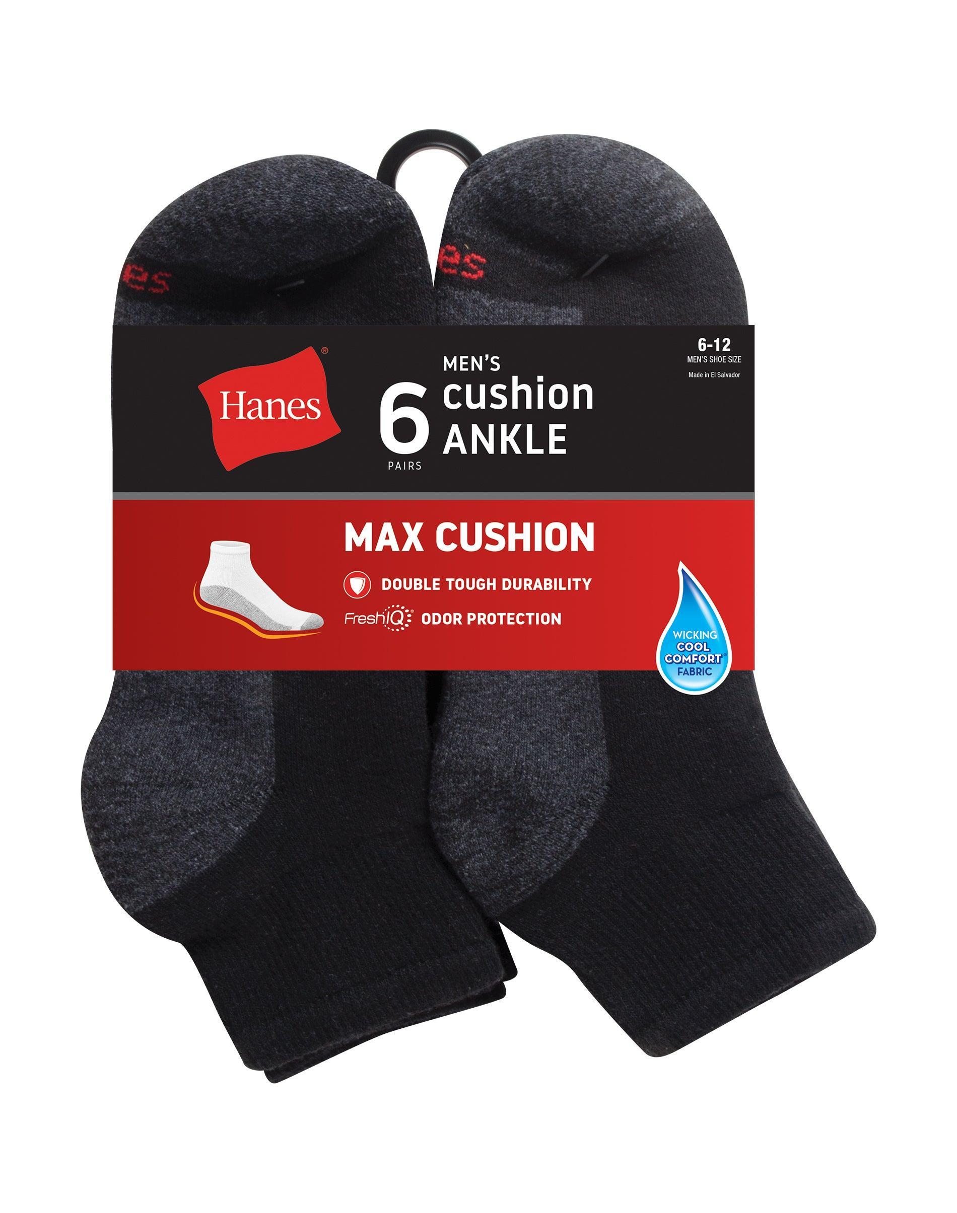 Hanes Double Tough Mens Ankle Socks, Max Cushion, 6-Pairs Black/Grey 6-12 Product Image