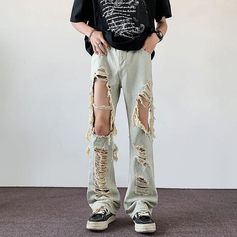 Low Rise Cutout Washed Distressed Loose Fit Jeans Product Image