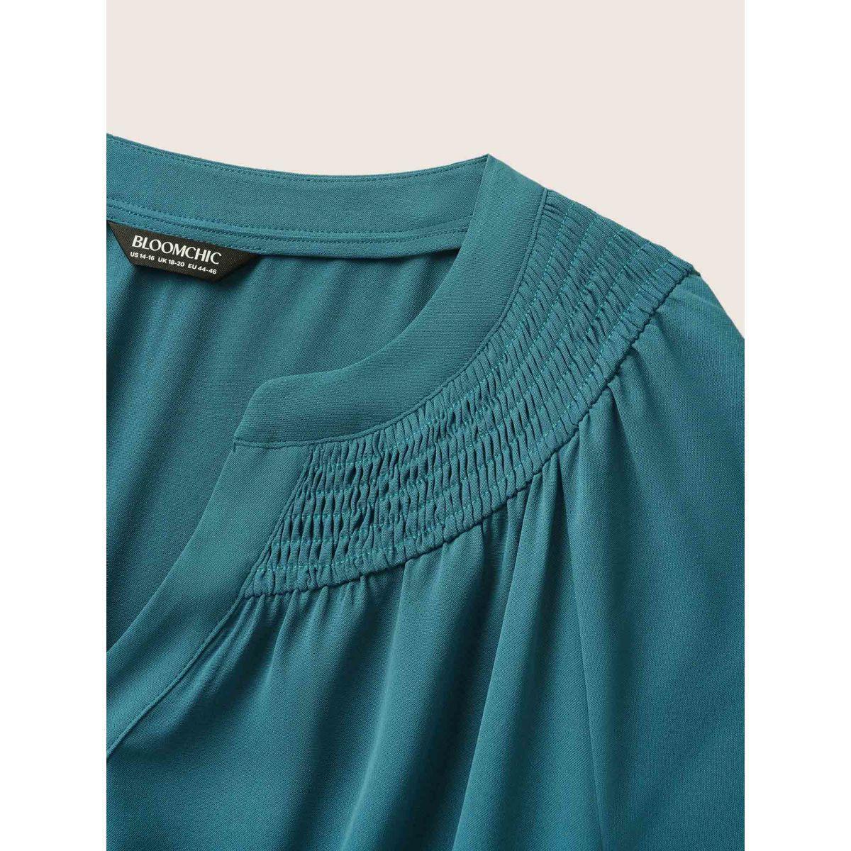 Plus Size Shirred Notched Button Up Belted Dress Aegean Women Elegant Gathered Flat collar with V-notch Short sleeve Curvy BloomChic 28/5X Product Image