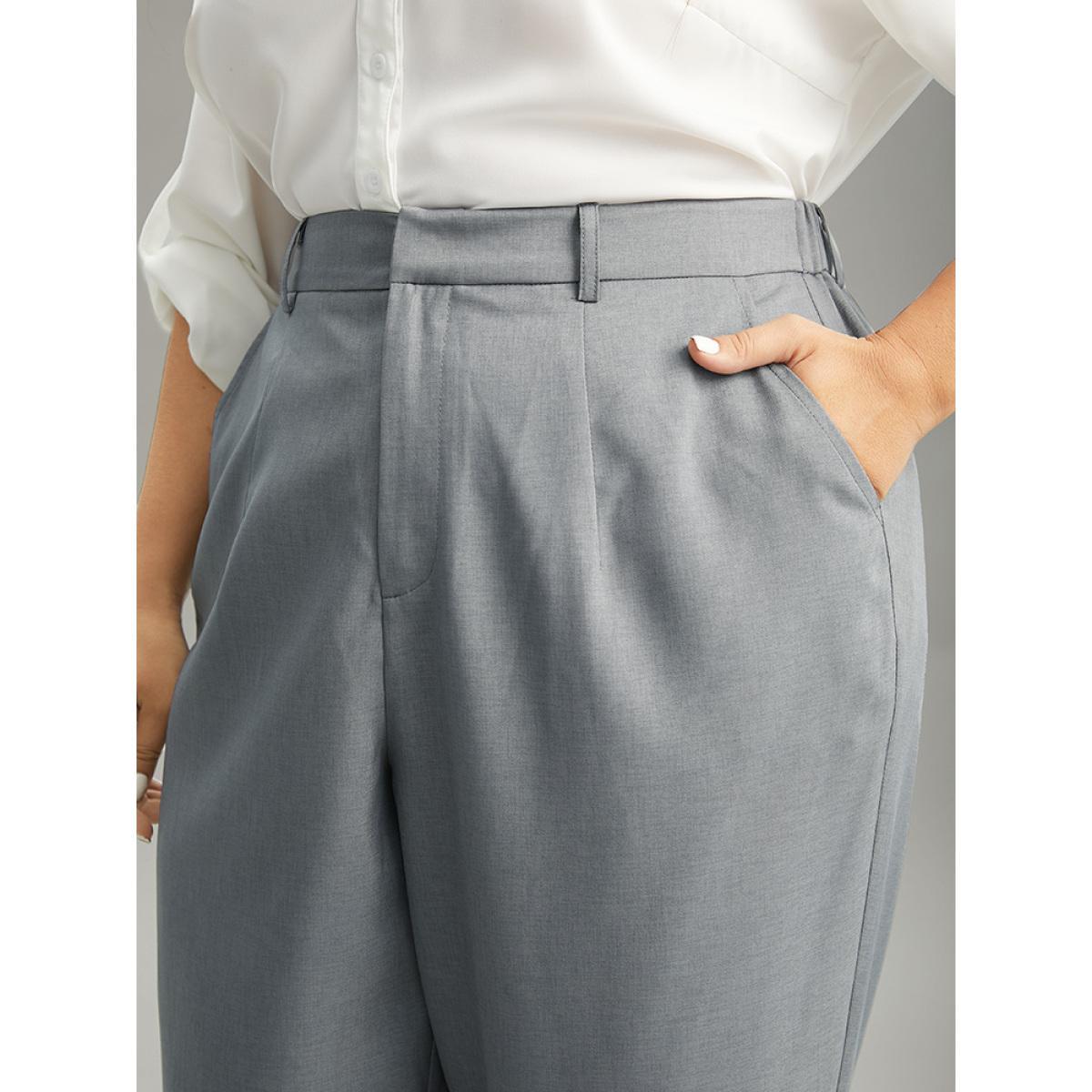 Plus Size Plain Heather Texture Elastic Waist Pocket Pants Women Gray Office High Rise Work Pants BloomChic 14-16/1X Product Image