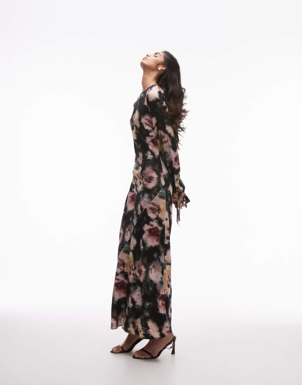 Topshop balloon tie sleeve maxi dress in black based floral Product Image