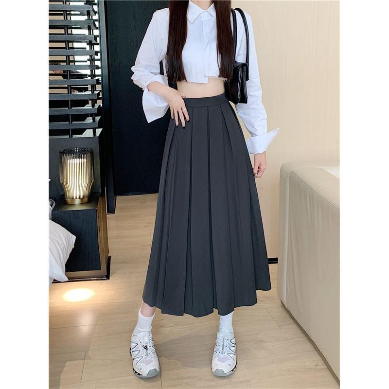 High Waist Plain Pleated Midi A-Line Skirt Product Image