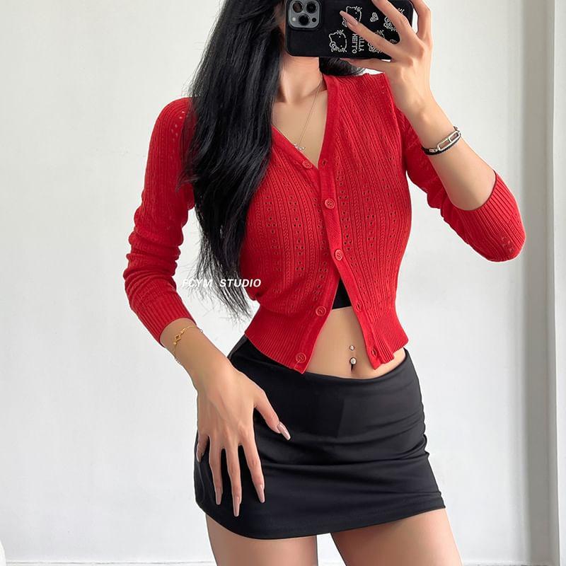 V-Neck Plain Pointelle Cardigan Product Image
