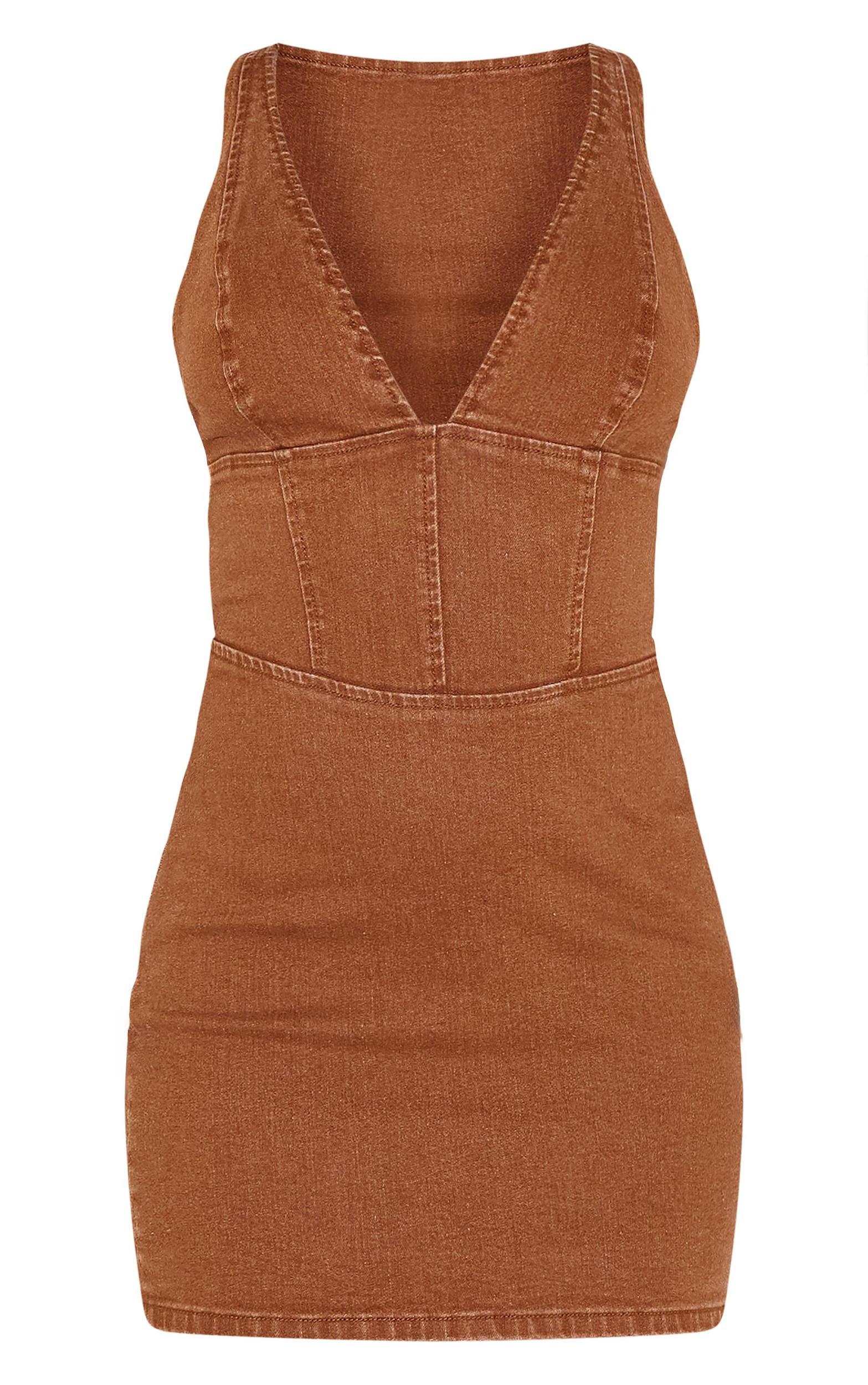 Brown Plunge Corset Style Denim Mini Dress Product Image