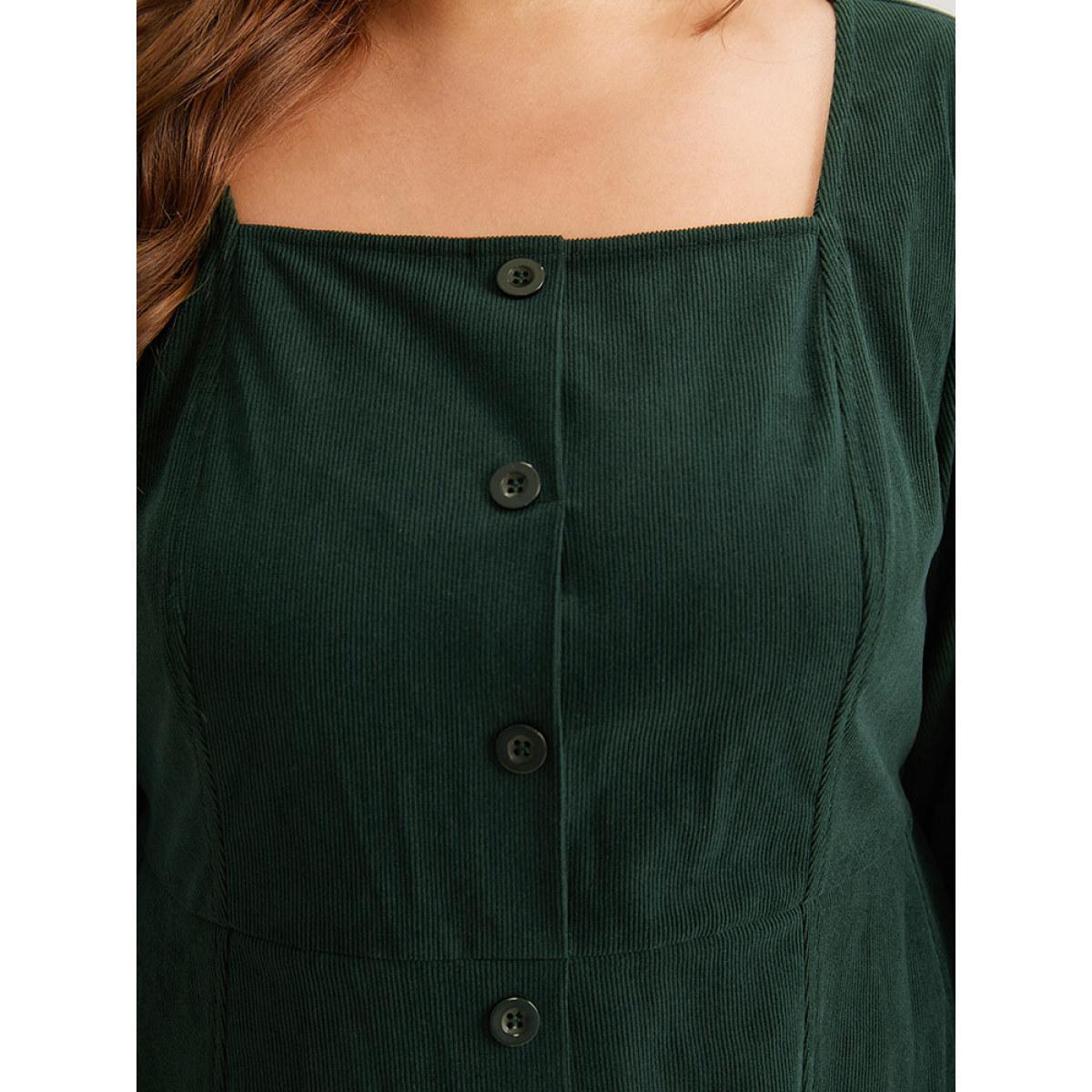 Plus Size Corduroy Plain Pocket Button Detail Dress DarkGreen Women Elegant Gathered Square Neck Long Sleeve Curvy Midi Dress BloomChic 30/6X Product Image
