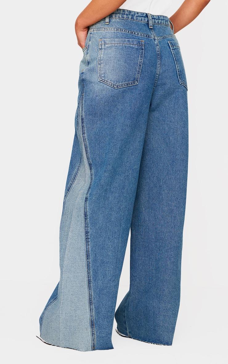 Petite Mid Blue Wash Denim Contrast Panel Wide Leg Jeans Product Image