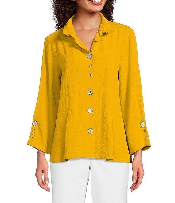 Ali Miles Woven Solid Wire Collar 3/4 Sleeve Pleated Hem Button Front Tunic Product Image