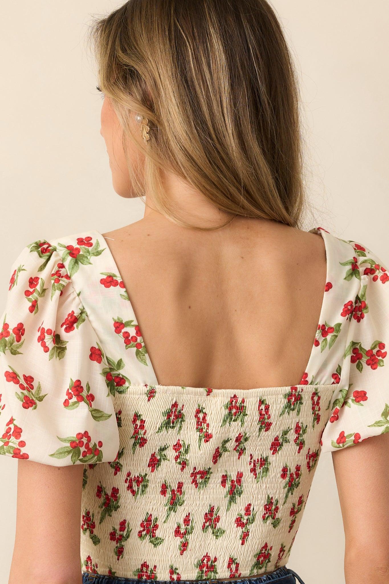 Just Wait And See Ivory Floral Berry Puff Sleeve Crop Top Product Image