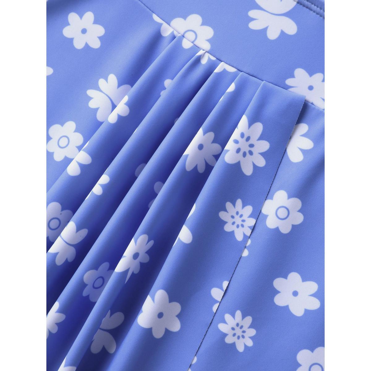Plus Size Sweet Floral Print Pendulum Hem Swim Dress Women's Swimwear LightBlue Beach Bodycon Overlap Collar High stretch Curve Swim Dresses BloomChic 28/5X Product Image