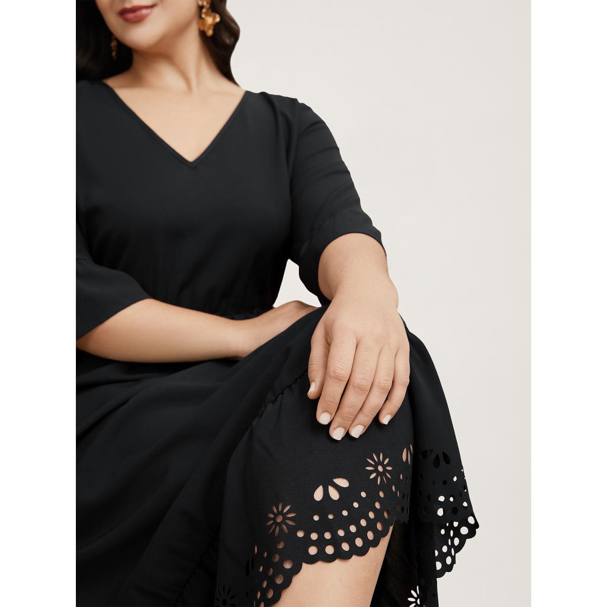 Plus Size Cut-Out Waist-Defining Ruffled Midi Dress Black Women Elegant Cut-Out V-neck Elbow-length sleeve Curvy BloomChic 28/5X Product Image