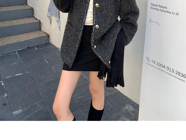 Round Neck Melange Trim Button Jacket Product Image