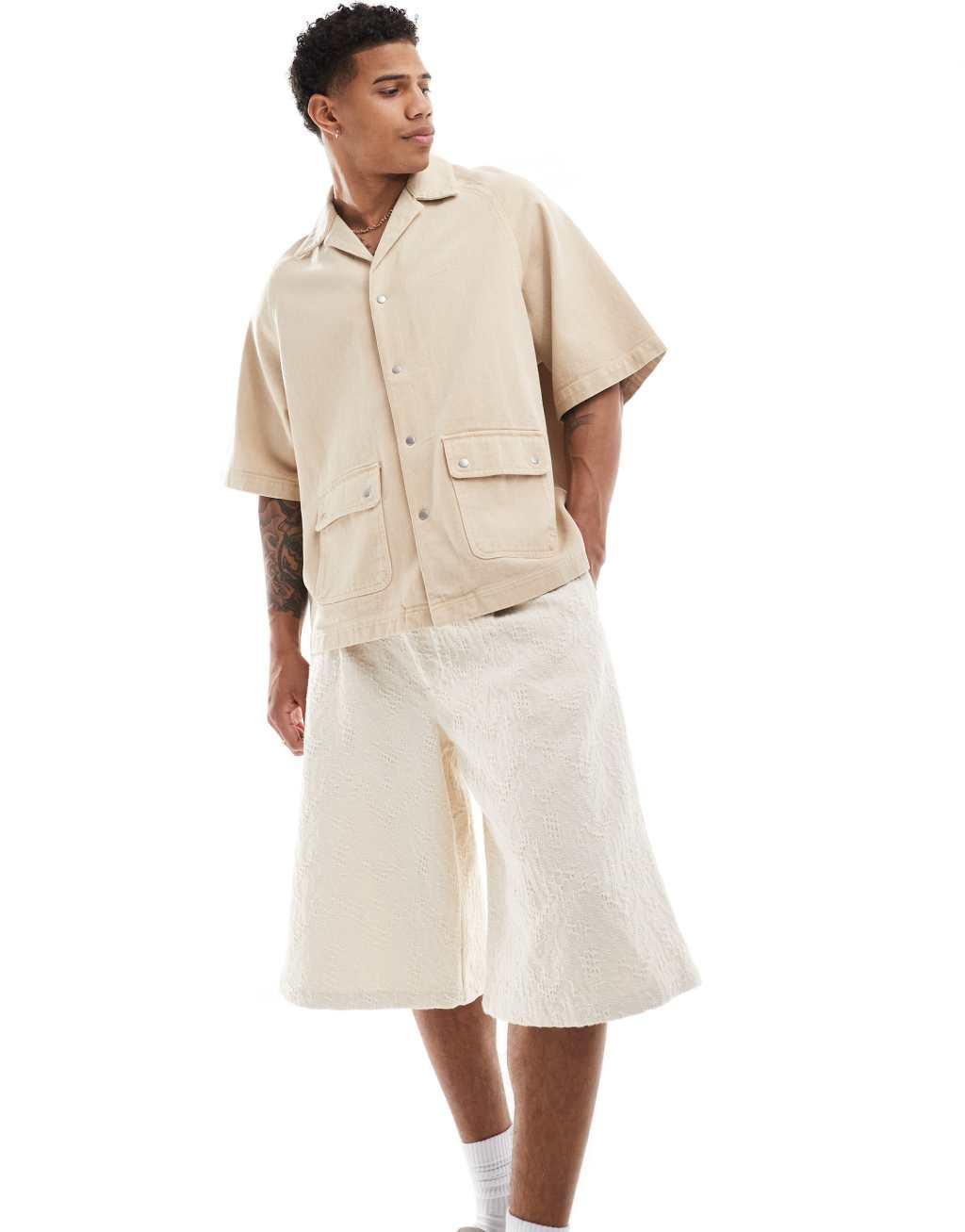 ASOS DESIGN boxy oversized revere twill shirt in beige Product Image