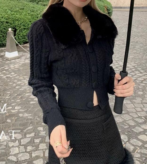 Long Sleeve Detachable Faux Fur Collar Plain Cable-Knit Slim-Fit Cardigan Product Image