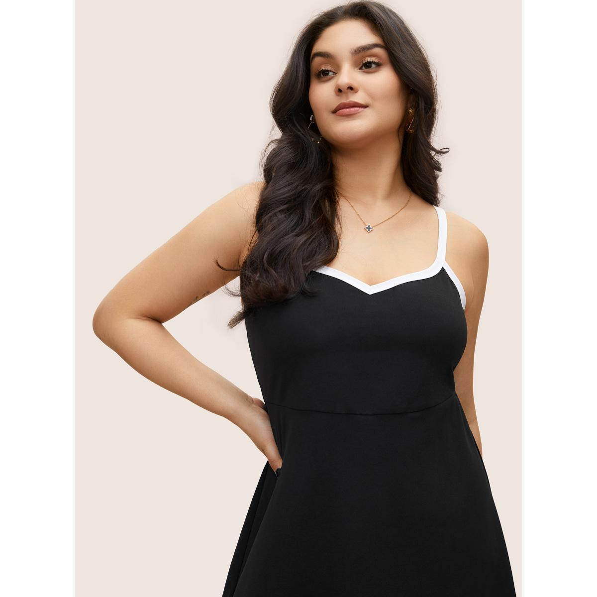 Plus Size Contrast Trim Adjustable Straps Dress Black Women At the Office Contrast V-neck Sleeveless Curvy Knee Dress BloomChic 26/4X Product Image