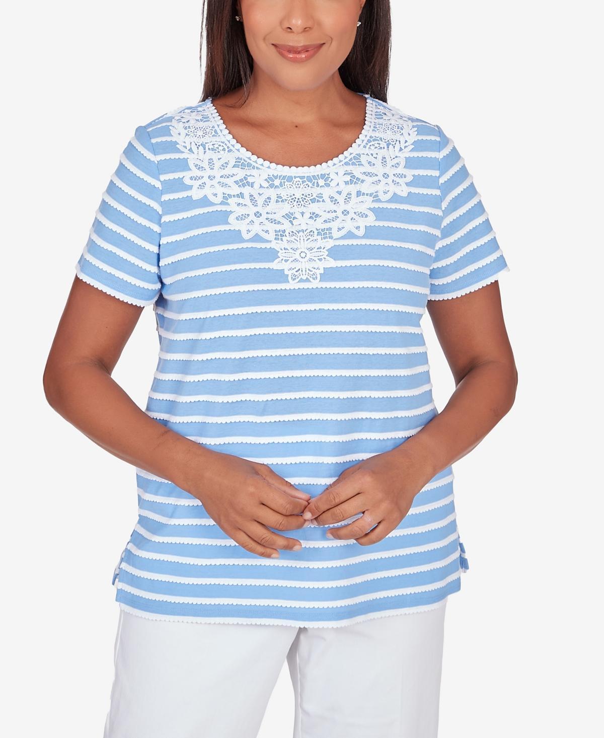 Womens Alfred Dunner Lace Neck Striped Split Hem Tee Grey Gray Product Image