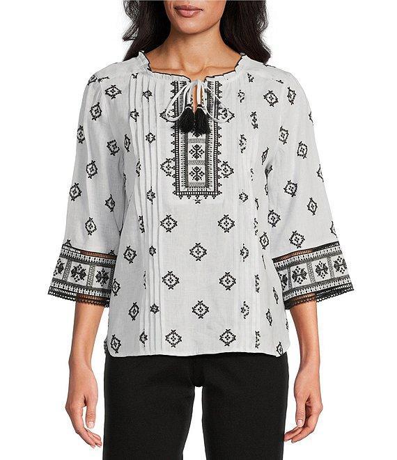 John Mark Allover Embroidered Split V-Neck 3/4 Sleeve Tassel Tie Tunic Product Image