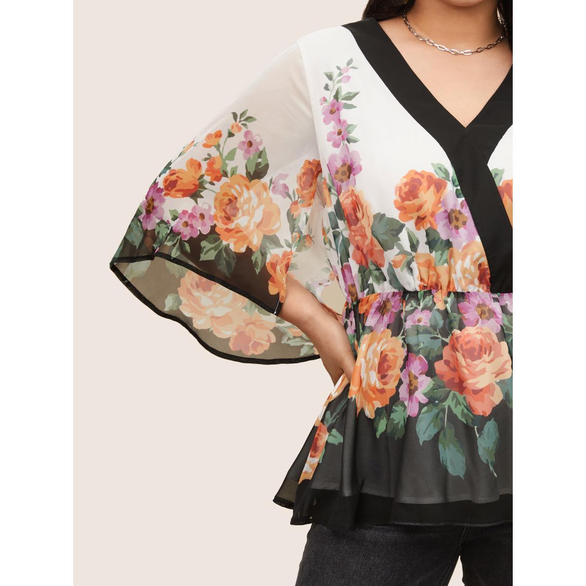 Plus Size Multicolor Floral Contrast Trim Elastic Waist Flutter Sleeve Blouse Women Cocktail Half Sleeve V-neck Party Blouses BloomChic 28/5X Product Image