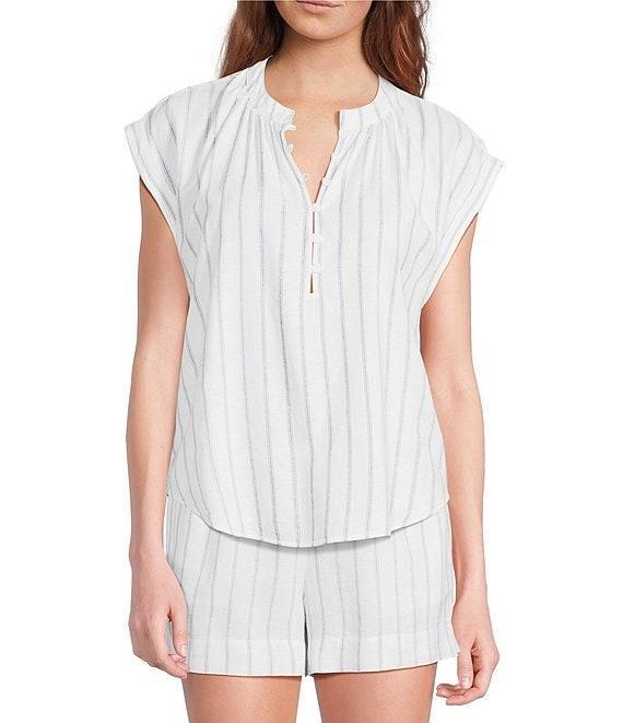 Cloth & Stone Stripe Linen Blend Mandarin Collar Short Sleeve Coordinating Top Product Image