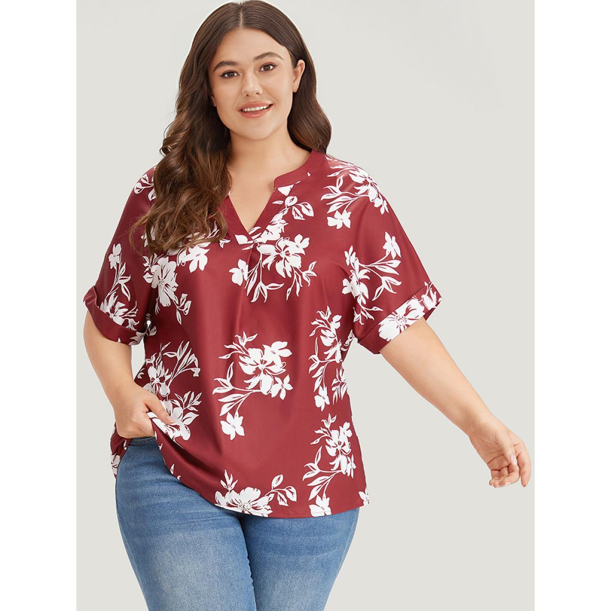Plus Size Multicolor Silhouette Floral Print Notched Roll Sleeve Blouse Women Elegant Short sleeve V-neck Dailywear Blouses BloomChic 10/M Product Image