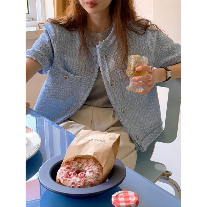 Short-Sleeve Crew Neck Plain Button-Up Tweed Jacket Product Image