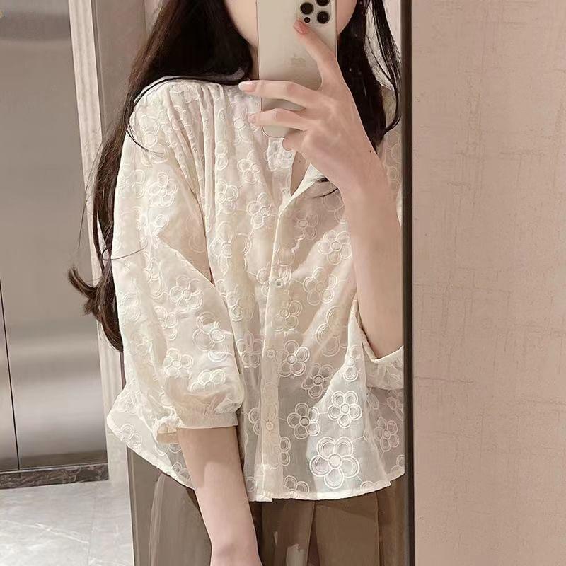 3/4-Sleeve Band Collar Floral Embroidered Blouse Product Image
