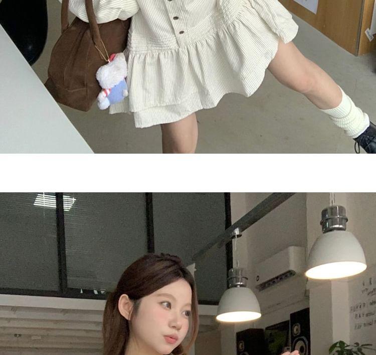 Long-Sleeve Striped Layered Ruffle Hem Half-Buttoned Mini Shirt Dress Product Image