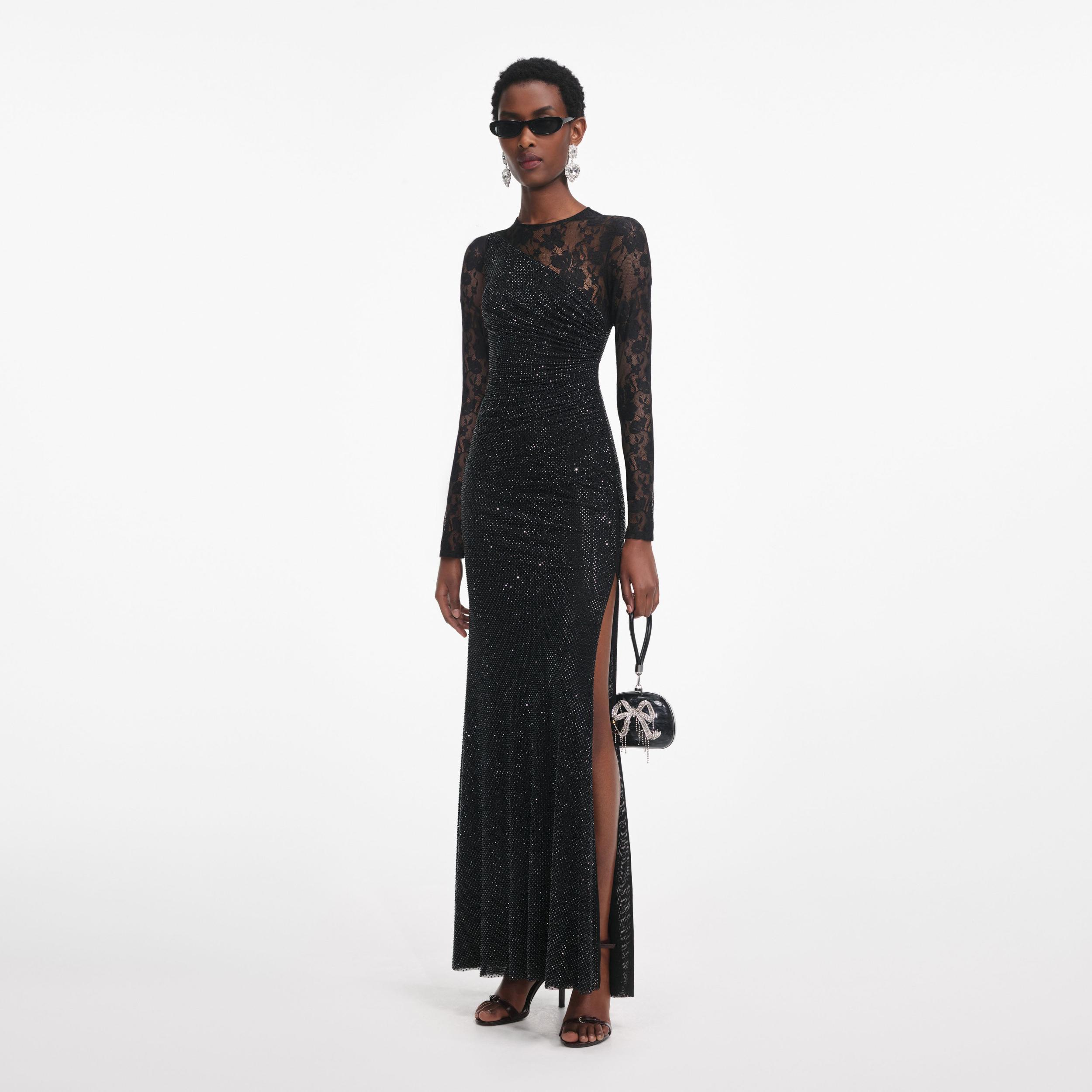 Black Rhinestone Lace Sleeves Maxi Dress Product Image