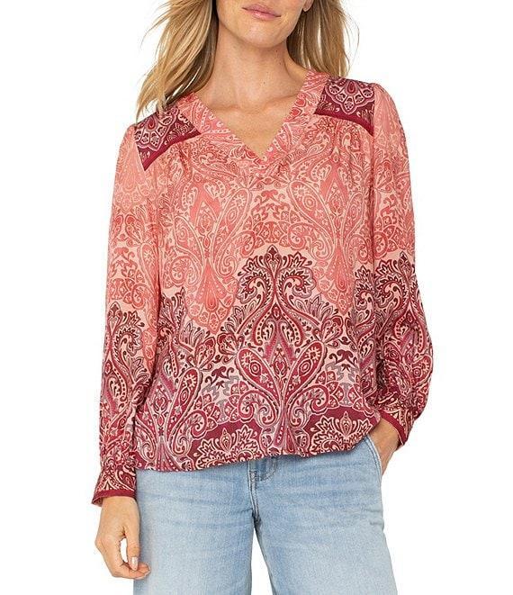 Liverpool Los Angeles Woven Printed V-Neck Long Sleeve Blouse Product Image
