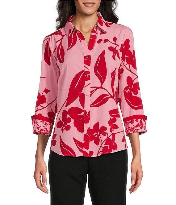 Investments Woven Bold Tropical Palm 3/4 Sleeve Point Collar Button Front Split Cuff Top Product Image