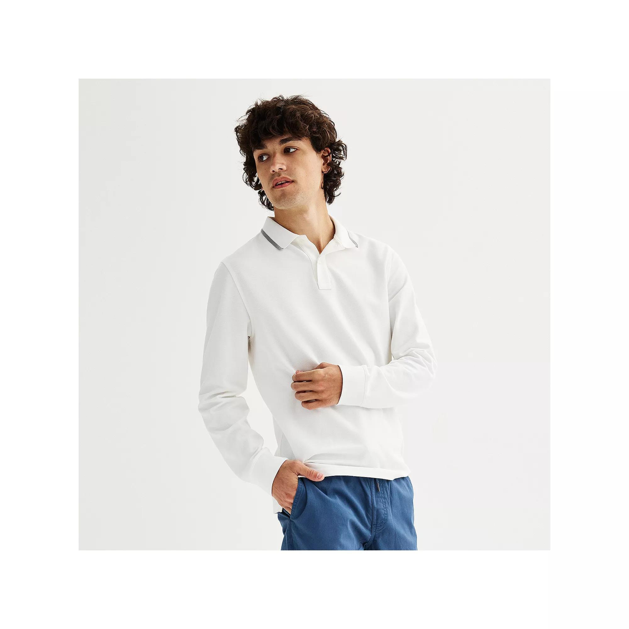 Men's Sonoma Goods For Life® Long Sleeve Pique Polo, Size: XL, White Gray Tipping Product Image