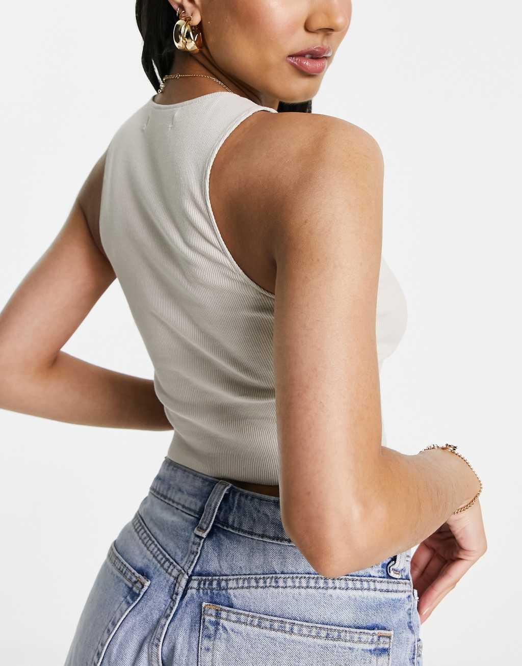 Pull&Bear 3 pack ribbed racer neck cropped top ecru, khaki & black Product Image