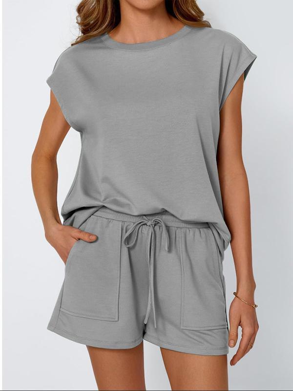 Loose Raglan Sleeve Solid Color Split-Joint Round-Neck T-Shirt + Drawstring Elasticity Shorts Two Pieces Set Product Image