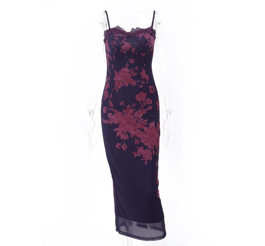 Spaghetti Strap Floral Print Lace Trim Midi Bodycon Dress Product Image