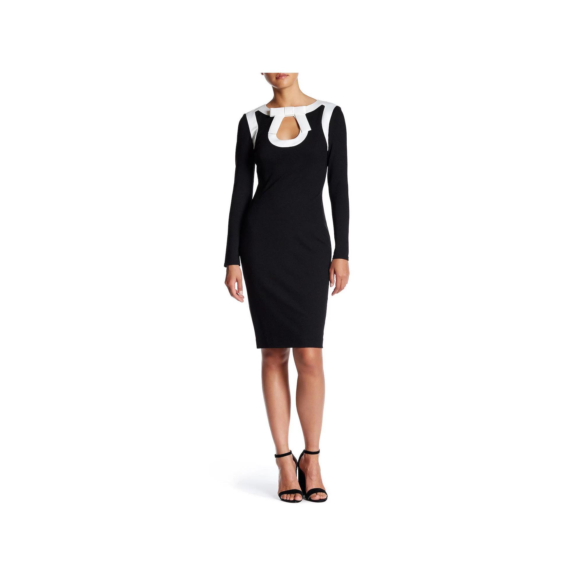 Women's Focus By Shani Bow Keyhole Long Sleeve Knit Dress, Size: 14, Black Ivory Product Image