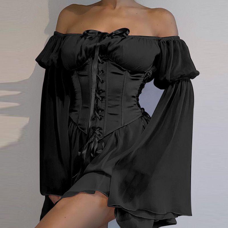 Set: Bell-Sleeve Off-Shoulder Mini Dress + Lace Up Corset Product Image