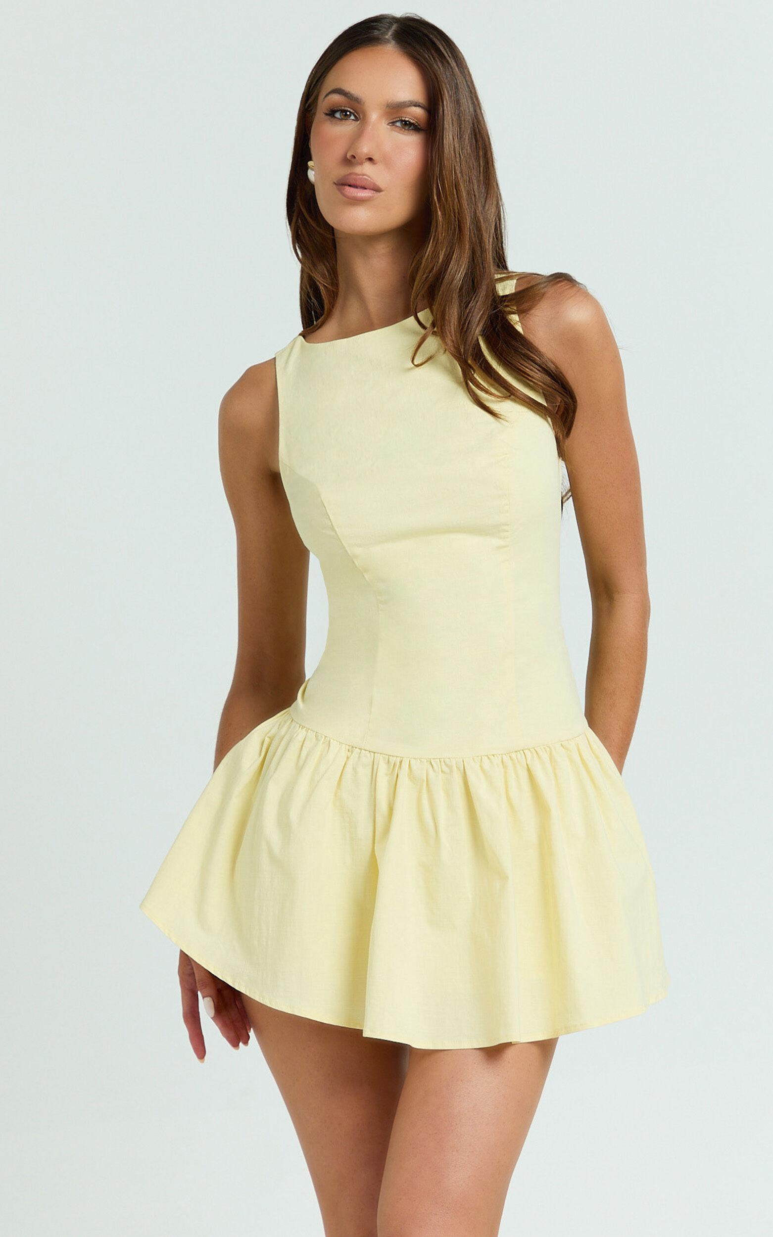 Izira Mini Dress - Boat Neck Drop Waist Shift Dress in Butter Yellow Product Image