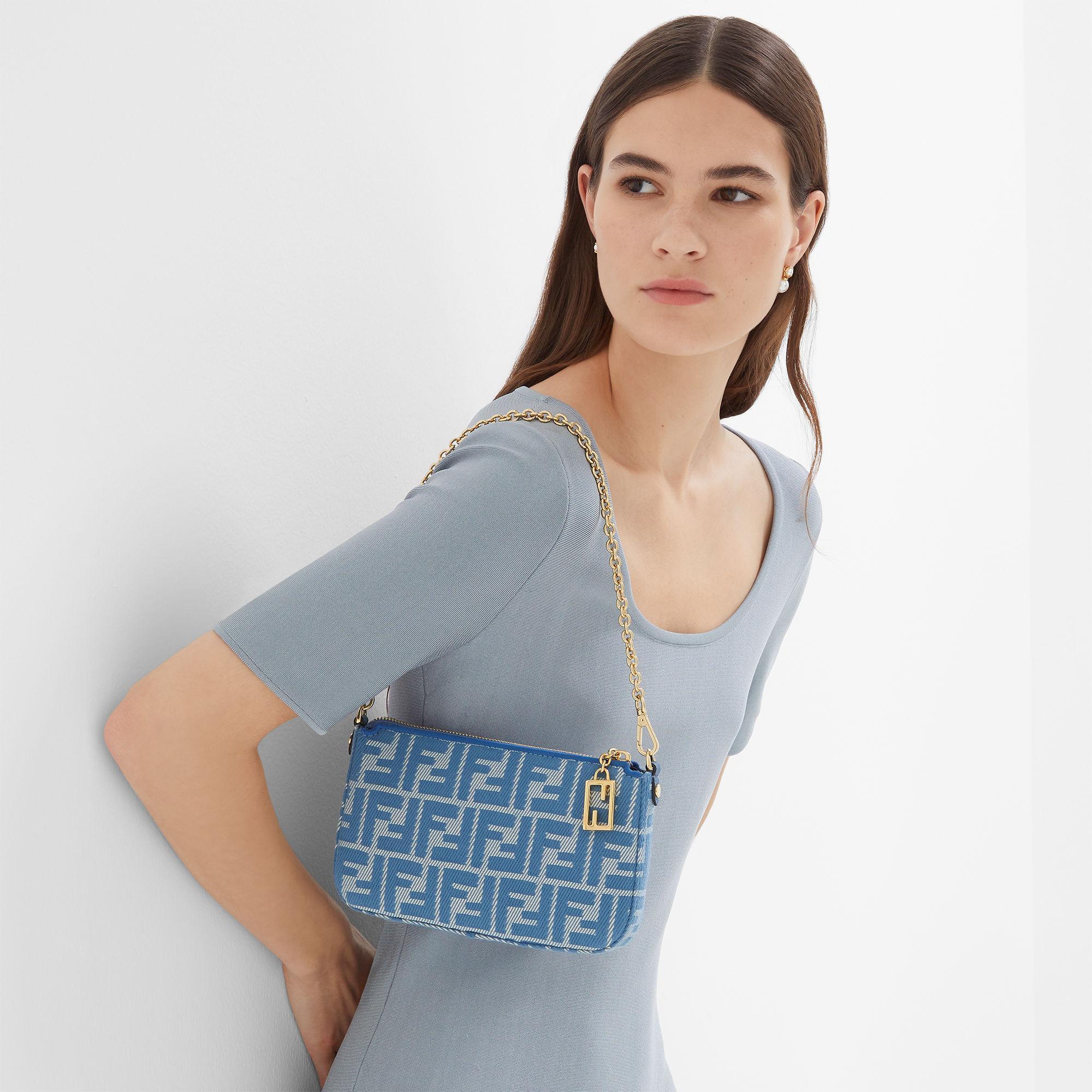 Baguette PouchBlue denim-effect FF jacquard charm pouch with chain Product Image