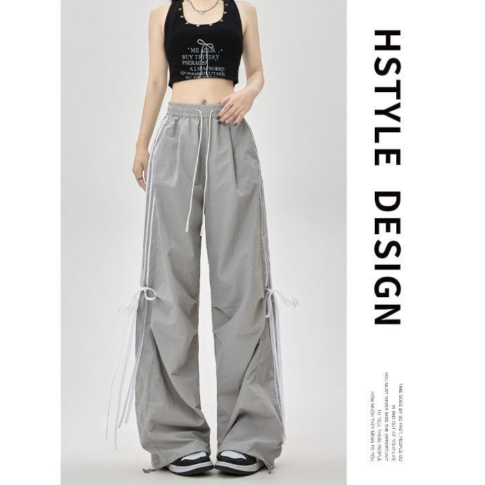 High Waist Bow Accent Striped Loose-Fit Wide-Leg Sweatpants Product Image