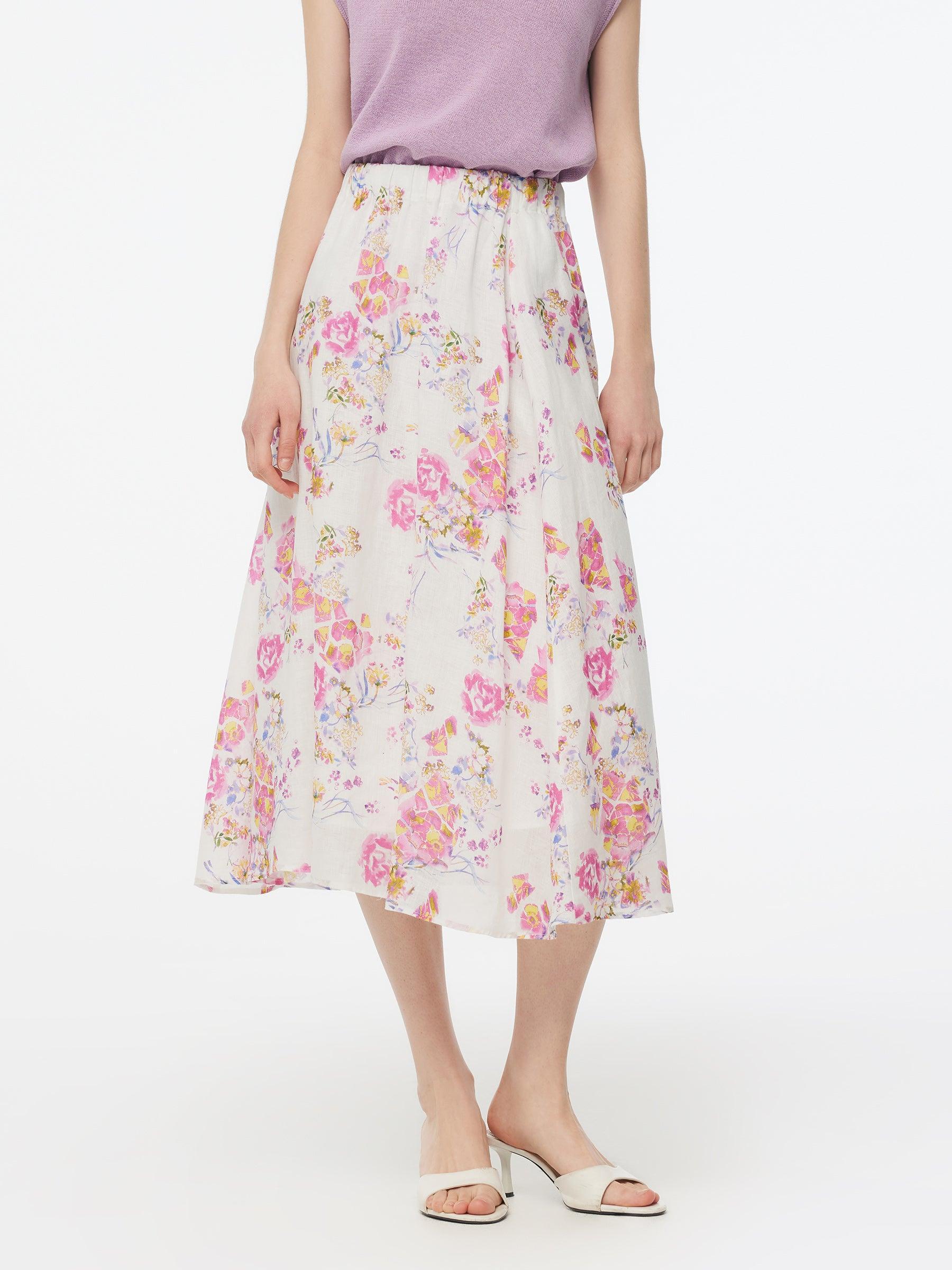 100% Linen Rose Print Women A-Line Skirt Product Image