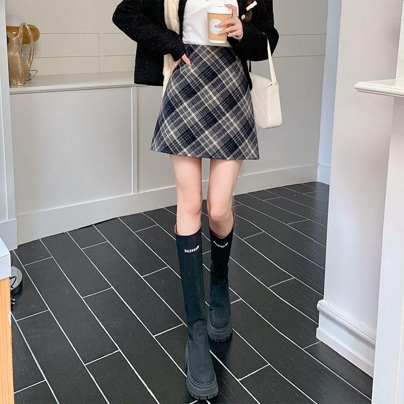 High Rise Plaid Mini A-Line Skirt Product Image