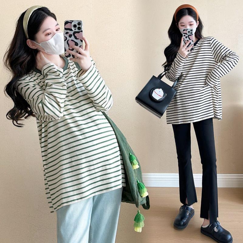 Maternity Long Sleeve Crew Neck Striped Tee Product Image