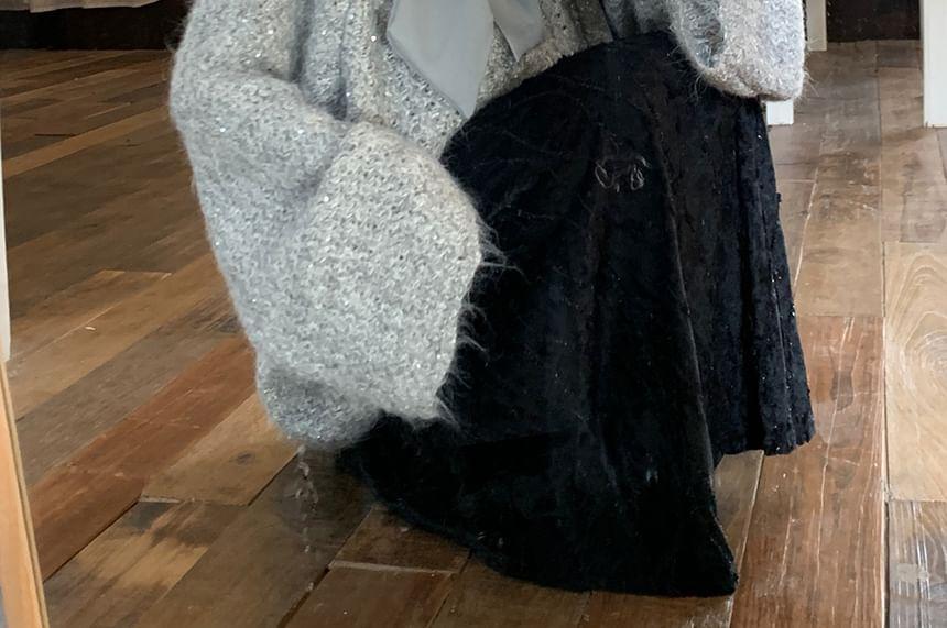 Tie-Neck Plain Glitter Sweater Product Image