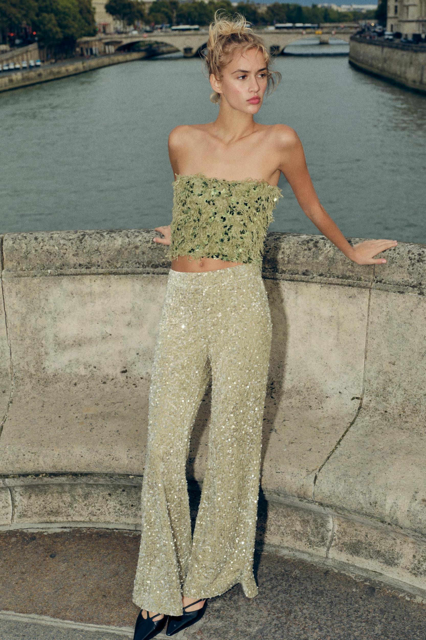SHORT SEQUIN FRAYED TOP Product Image