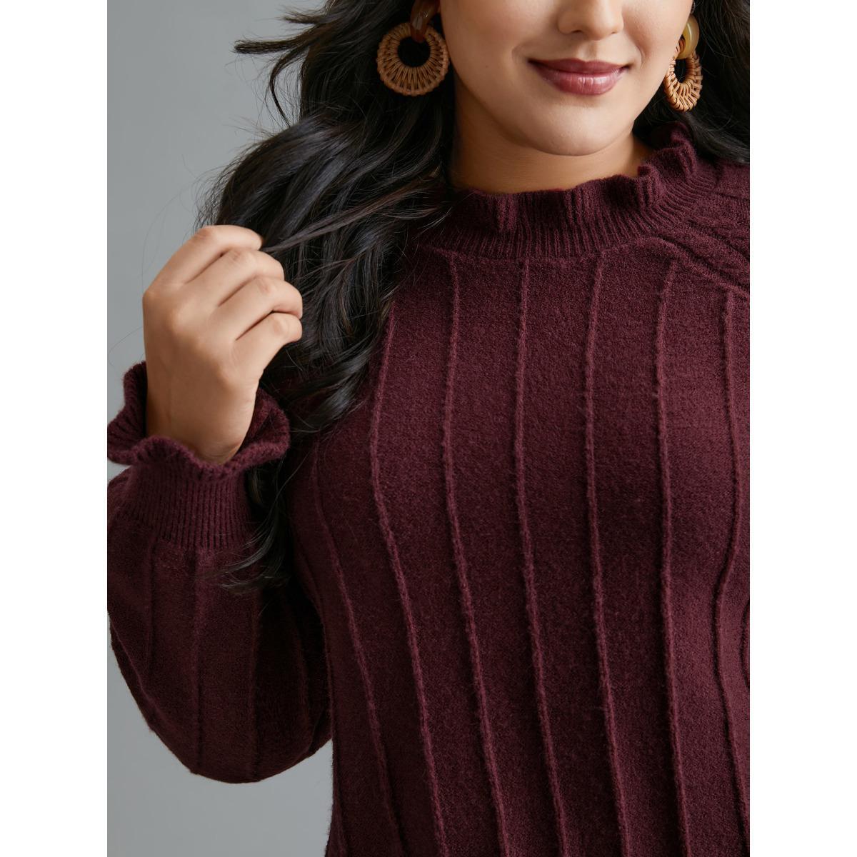 Plus Size Supersoft Essentials Ruffles Neck Raglan Sleeve Pullover Deeppurplered Women Casual Loose Long Sleeve Round Neck Everyday Pullovers BloomChic 14-16/1X Product Image
