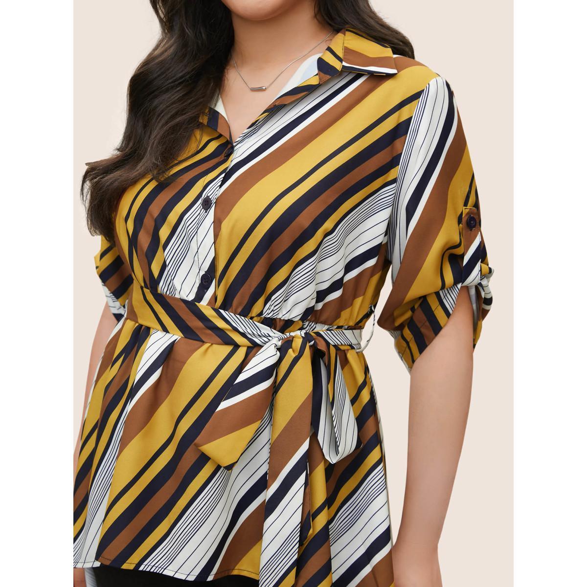 Plus Size Bronze Color Striped Ties High Low Hem Blouse Women At the Office Elbow-length sleeve Shirt collar Work Blouses BloomChic 22-24/3X Product Image
