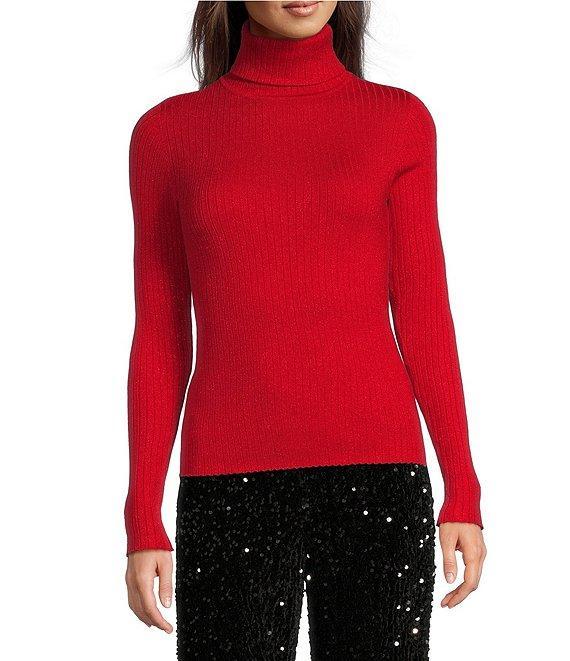 J.McLaughlin Arlette Cotton Blend Metallic Ribbed Knit Long Sleeve Turtleneck Sweater Product Image