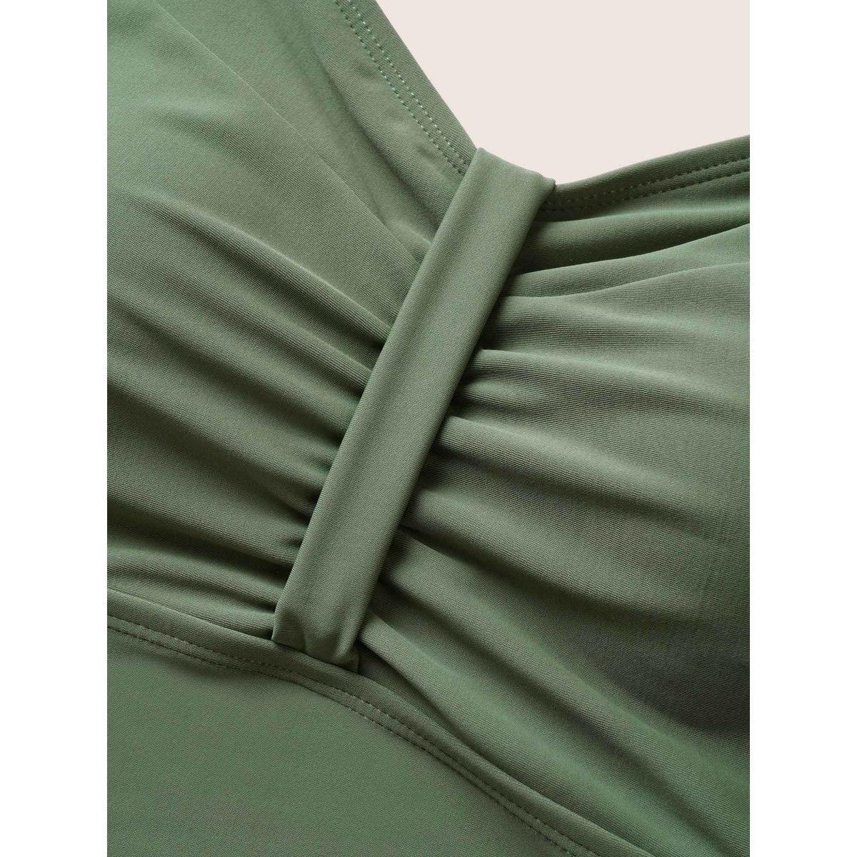 Plus Size Plain Patchwork Ruched Adjustable Straps Swim Top Women's Swimwear ArmyGreen Beach Non High stretch Skinny Heart neckline Curve Swim Tops BloomChic 10/M Product Image