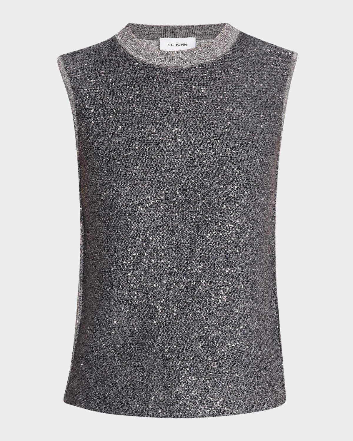 ST JOHN Sequin Front Knit Top In Light Grey Melange Product Image