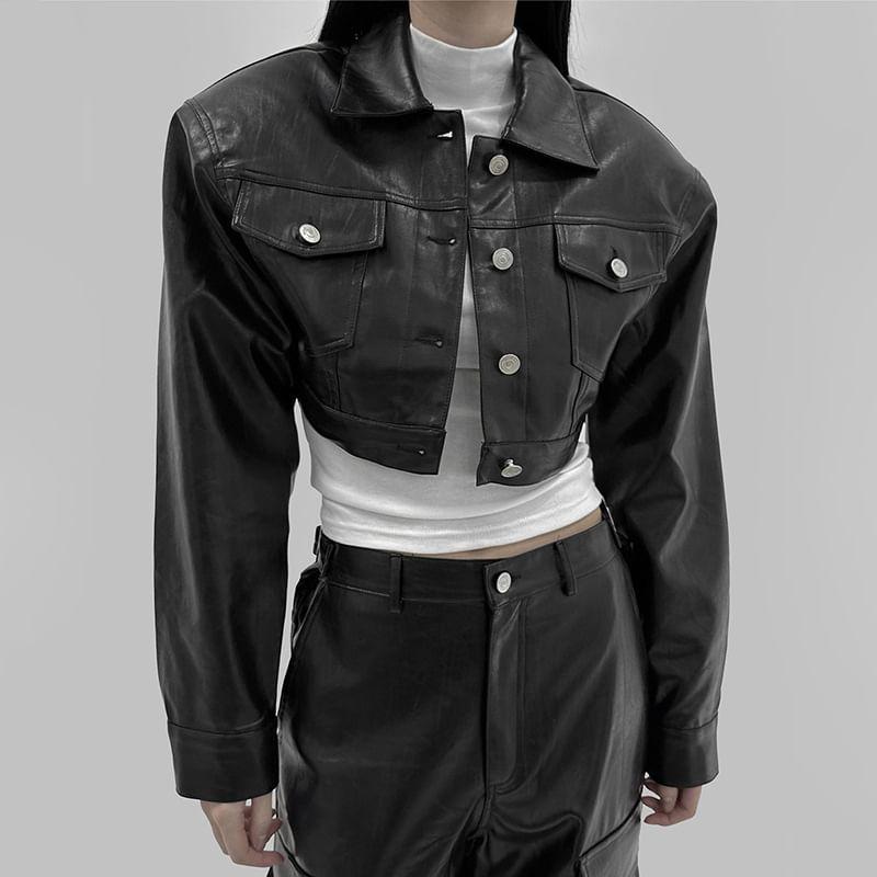 Collared Plain Button-Up Faux Leather Crop Jacket Product Image