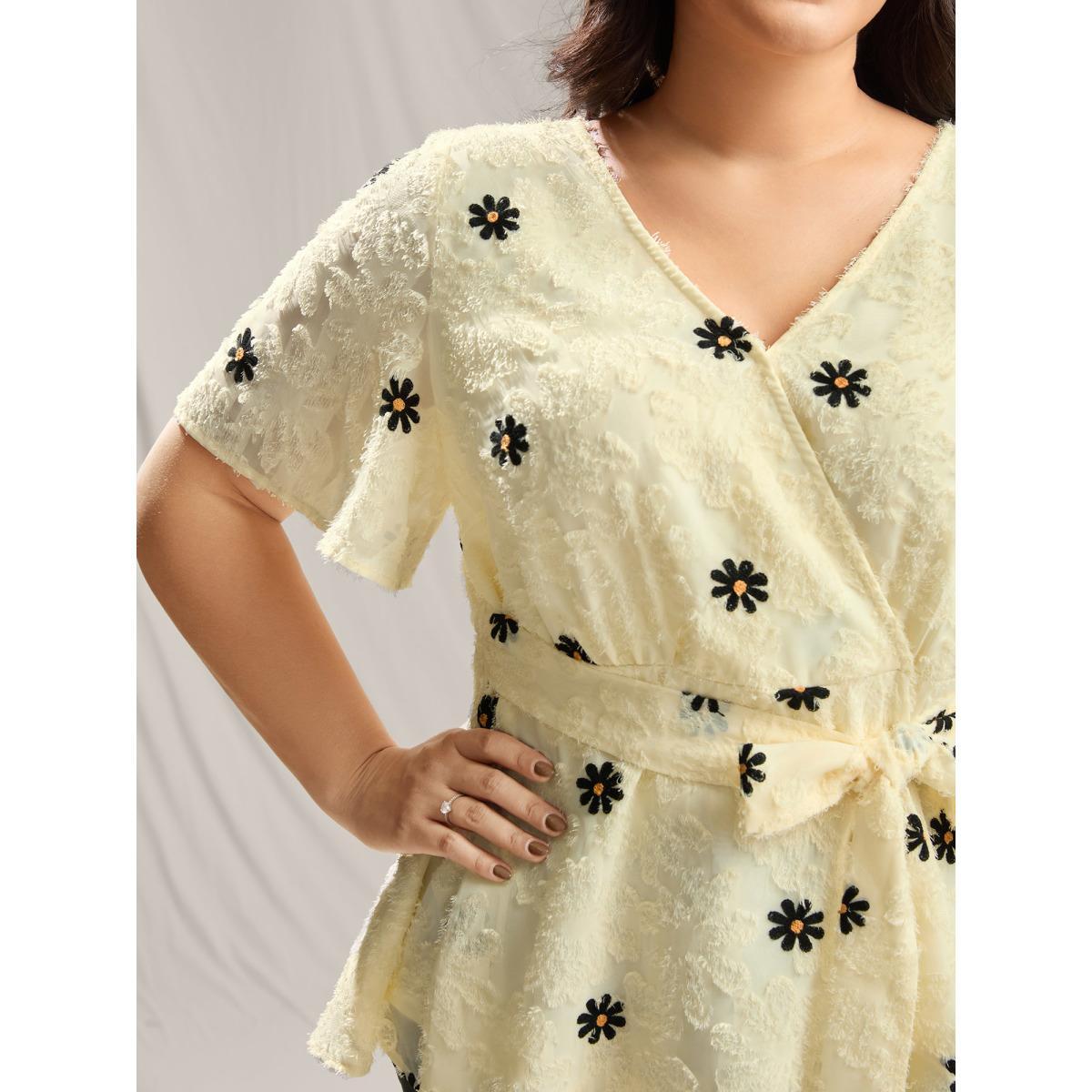 Plus Size Beige Textured Embroidery Surplice Belted Blouse Women Short sleeve Overlap Collar Everyday-Elegant Blouses BloomChic 26/4X Product Image